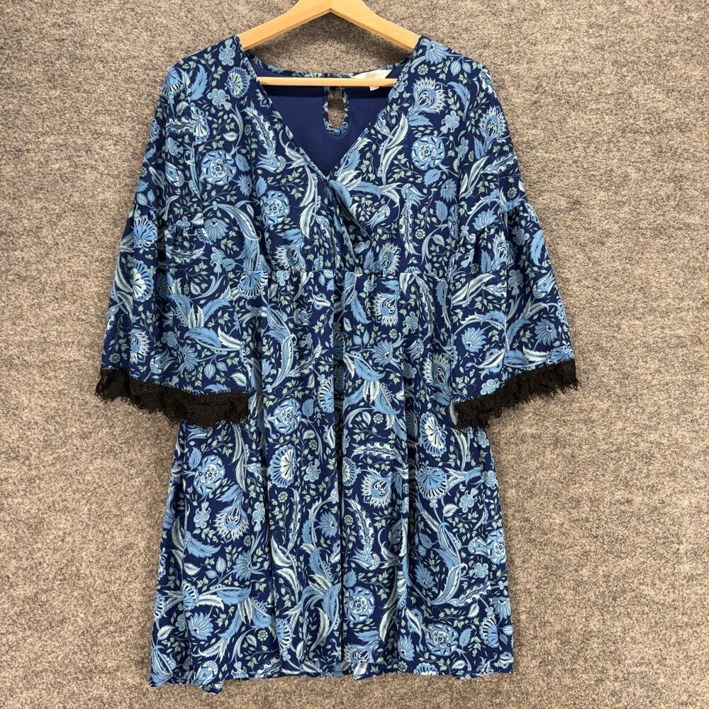 Candie's Dress Women L Large Blue Floral Mini Short V-Neck Lined 3/4 Sleeve